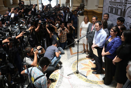 Lawmaker Kenji Fujimori gives a news conference after being expelled from his party, led by his sister Keiko, at the Congress in Lima, Peru January 31, 2018. REUTERS/Mariana Bazo