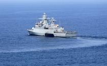 A UN naval ship is pictured off the Lebanese coast in the town of Naqoura