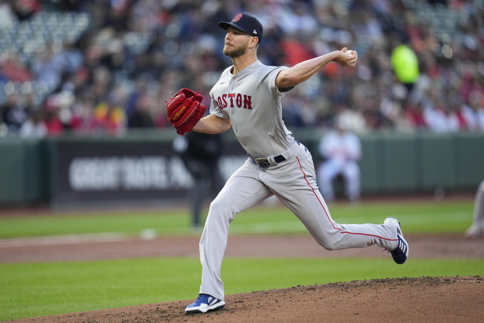 Boston Red Sox starting pitcher Chris Sale throws a pitch to the against the Baltimore Orioles during the second inning of a baseball game, Monday, April 24, 2023, in Baltimore, Md. (AP Photo/Julio Cortez)