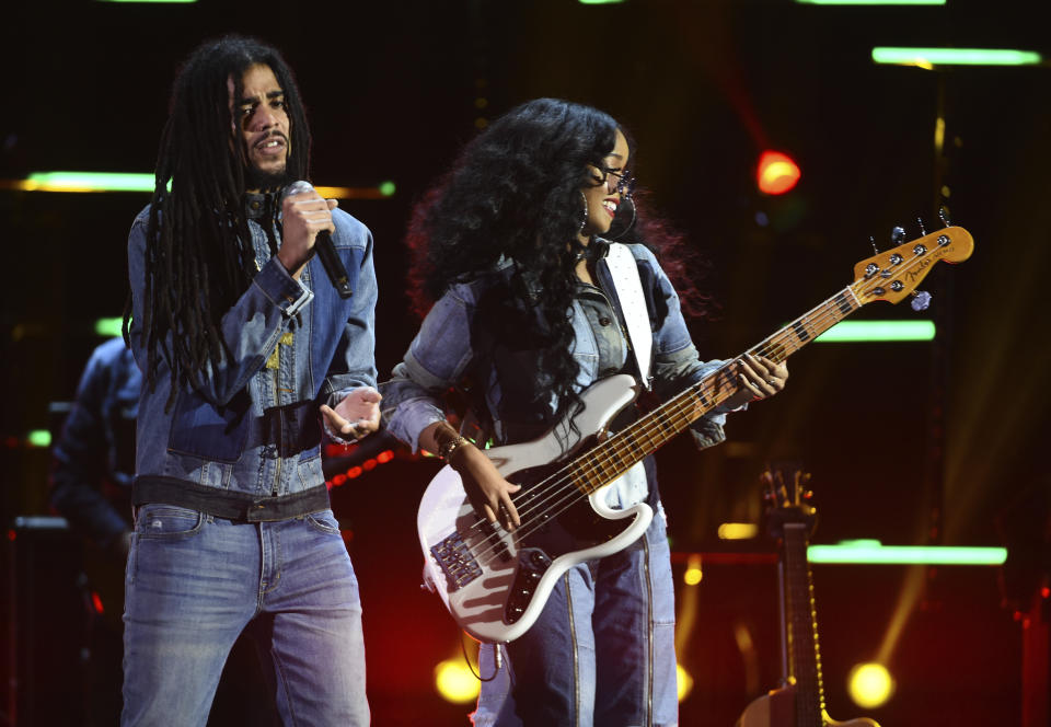 Skip Marley, left, and H.E.R. perform at the 51st NAACP Image Awards at the Pasadena Civic Auditorium on Saturday, Feb. 22, 2020, in Pasadena, Calif. (AP Photo/Chris Pizzello)