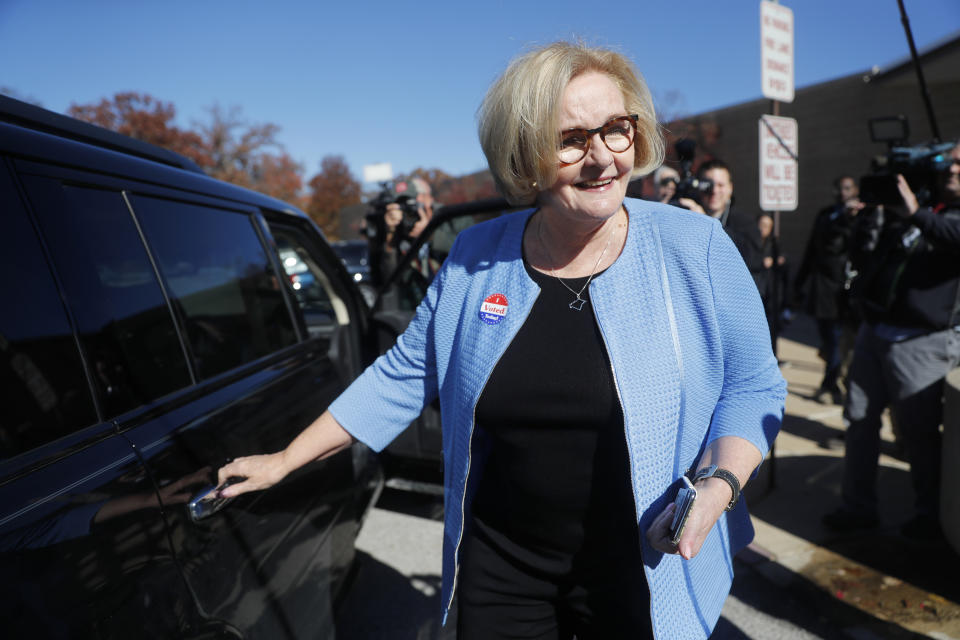 Incumbent Sen. Claire McCaskill, D-Mo., leaves her polling place after voting Tuesday, Nov. 6, 2018, in Kirkwood, Mo. (AP Photo/Jeff Roberson)