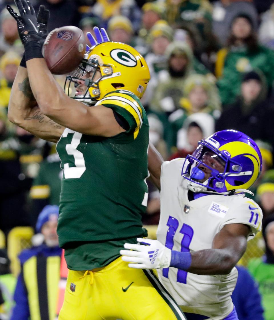 Los Angeles Rams cornerback Darious Williams (11) defends on an incomplete pass to Green Bay Packers wide receiver Allen Lazard (13), in the end zone,  during their football game on Sunday November 28, 2021, at Lambeau Field in Green Bay, Wis. Wm. Glasheen USA TODAY NETWORK-Wisconsin