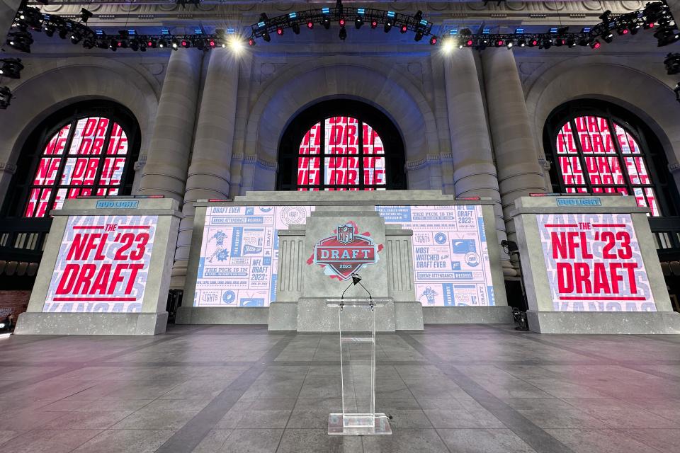 Apr 27, 2023; Kansas City, MO, USA; A general overall view of the main stage at the 2023 NFL Draft at Union Station. Mandatory Credit: Kirby Lee-USA TODAY Sports