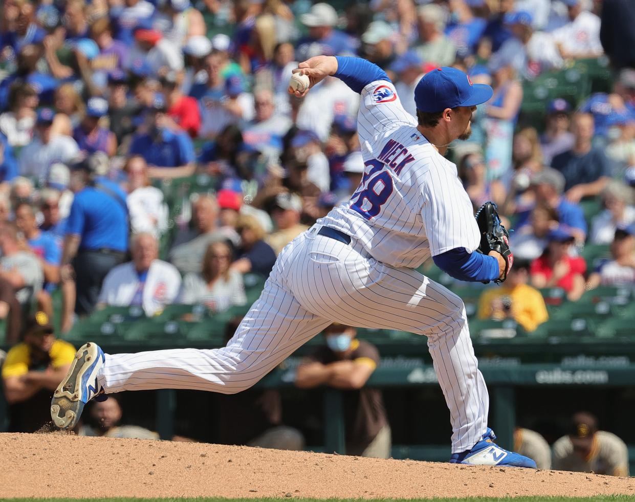 Brad Wieck of the Chicago Cubs pitches against the San Diego Padres at Wrigley Field in Chicago on June 2, 2021.