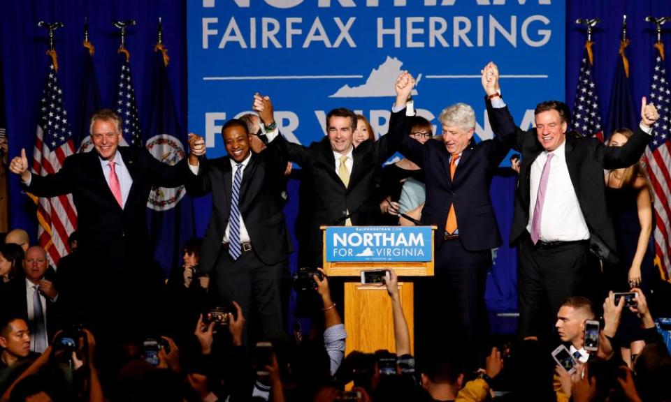Ralph Northam celebrates at his election night rally after winning the race for Virginia governor.