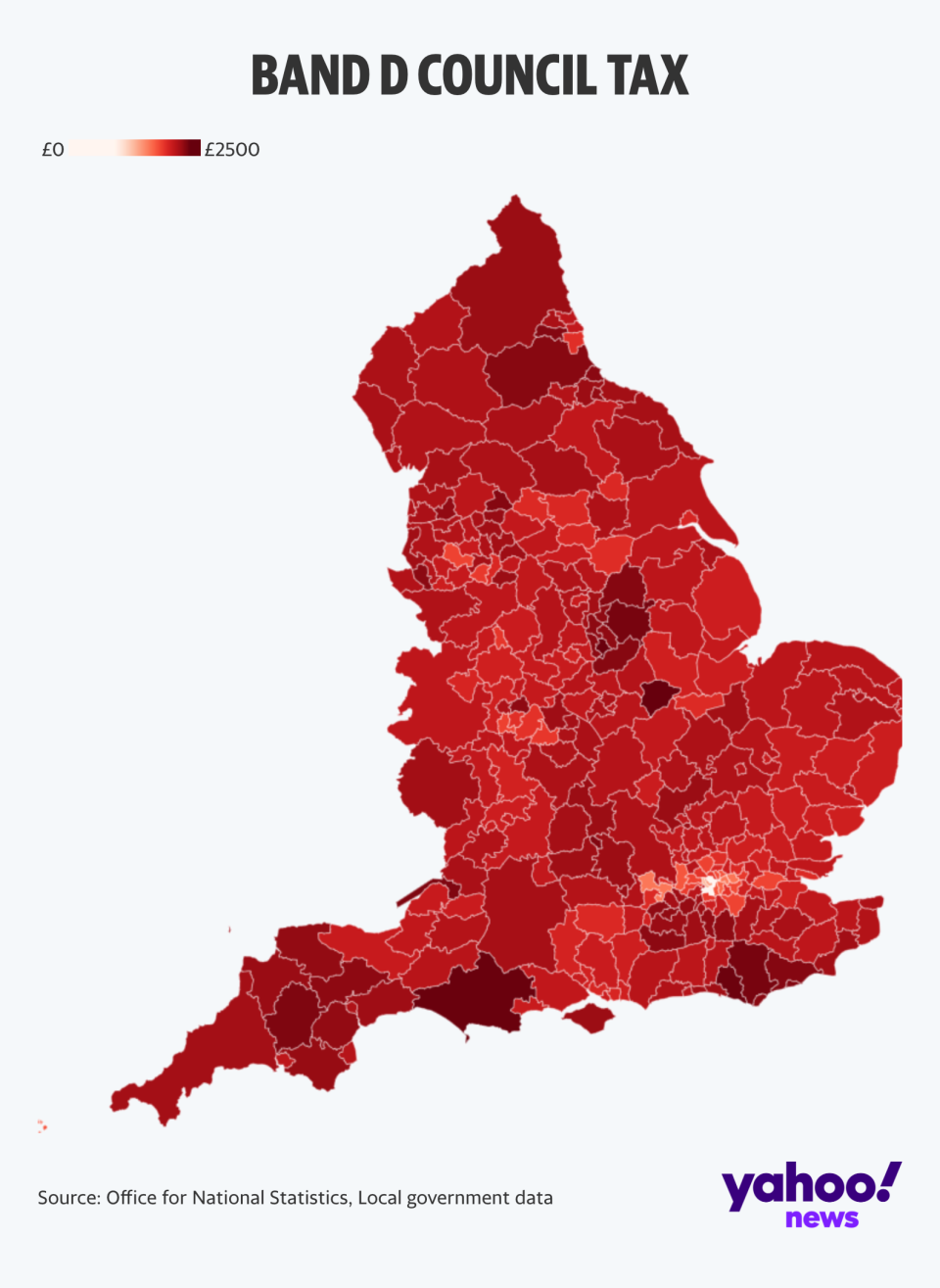 How Band D council tax is paid across England, with the darker shades indicating a higher bill. (Yahoo News UK/Flourish)