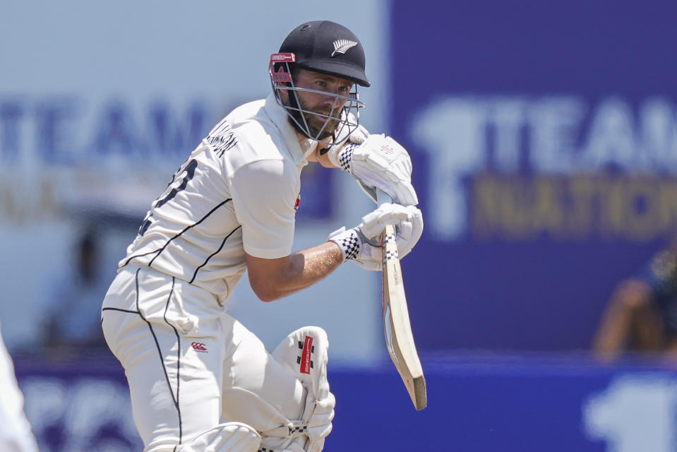 New Zealand's Kane Williamson plays a shot during the day three of the second test cricket match between Sri Lanka and New Zealand in Galle , Sri Lanka, Saturday, Sept. 28, 2024. (AP Photo/Eranga Jayawardena)