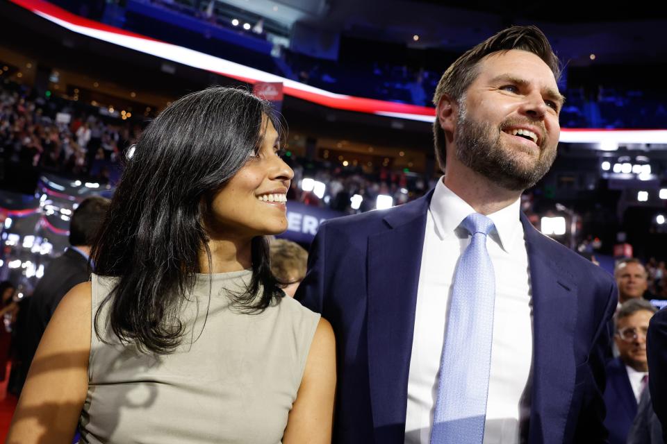 JD Vance (right) with his wife, Usha Chilukuri Vance (left) at the 2024 Republican National Convention.