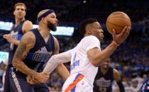 Apr 16, 2016; Oklahoma City, OK, USA; Oklahoma City Thunder guard Russell Westbrook (0) drives to the basket past Dallas Mavericks guard Deron Williams (8) during the third quarter in game one of their first round NBA Playoffs series at Chesapeake Energy Arena. Mandatory Credit: Mark D. Smith-USA TODAY Sports