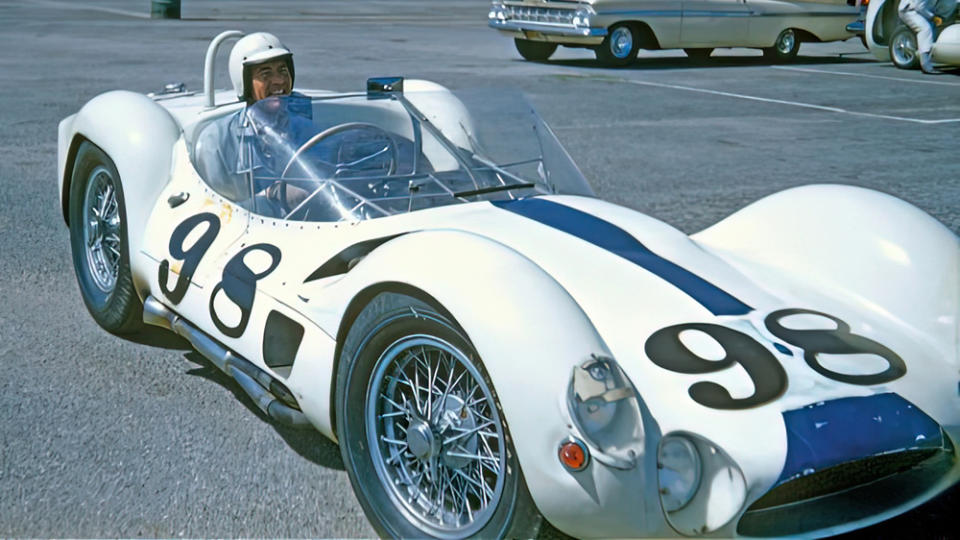 Carroll Shelby behind the wheel of his Maserati Tipo61 “Birdcage” at the L.A. Examiner Grand Prix in 1960. He went on to victory, the last major win of his racing career.