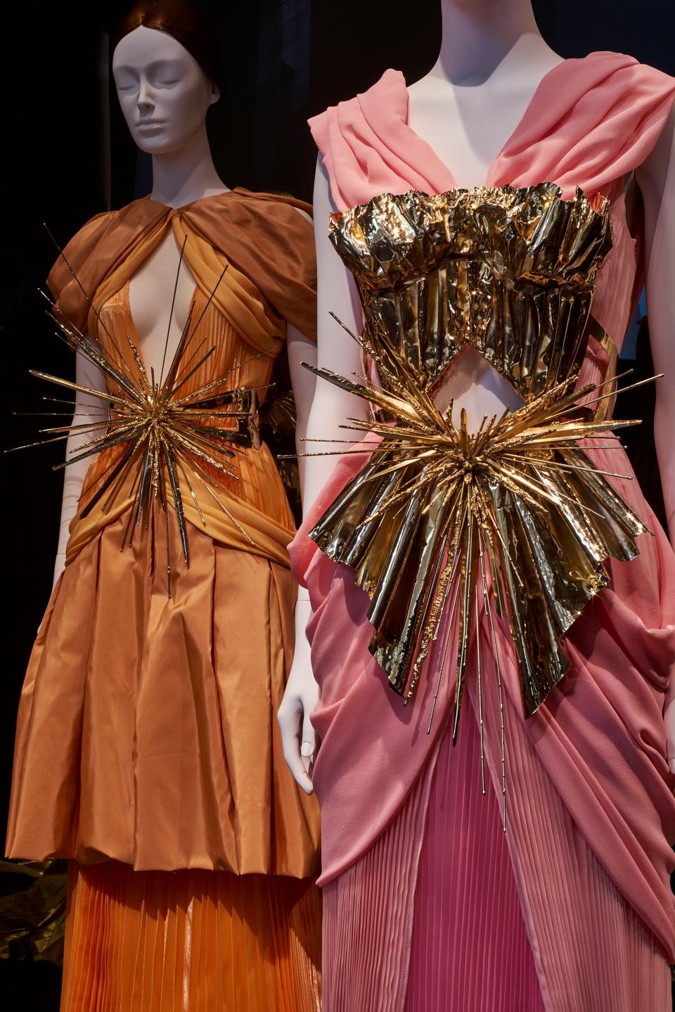 Rodarte (American, founded 2004). Kate Mulleavy (American, born 1979), Laura Mulleavy (American, born 1980). Ensembles, 2011. Gold metallic silk satin trimmed with beige feathers, embroidered gold metal paillettes, wire, beads, and gold metallic ribbon.