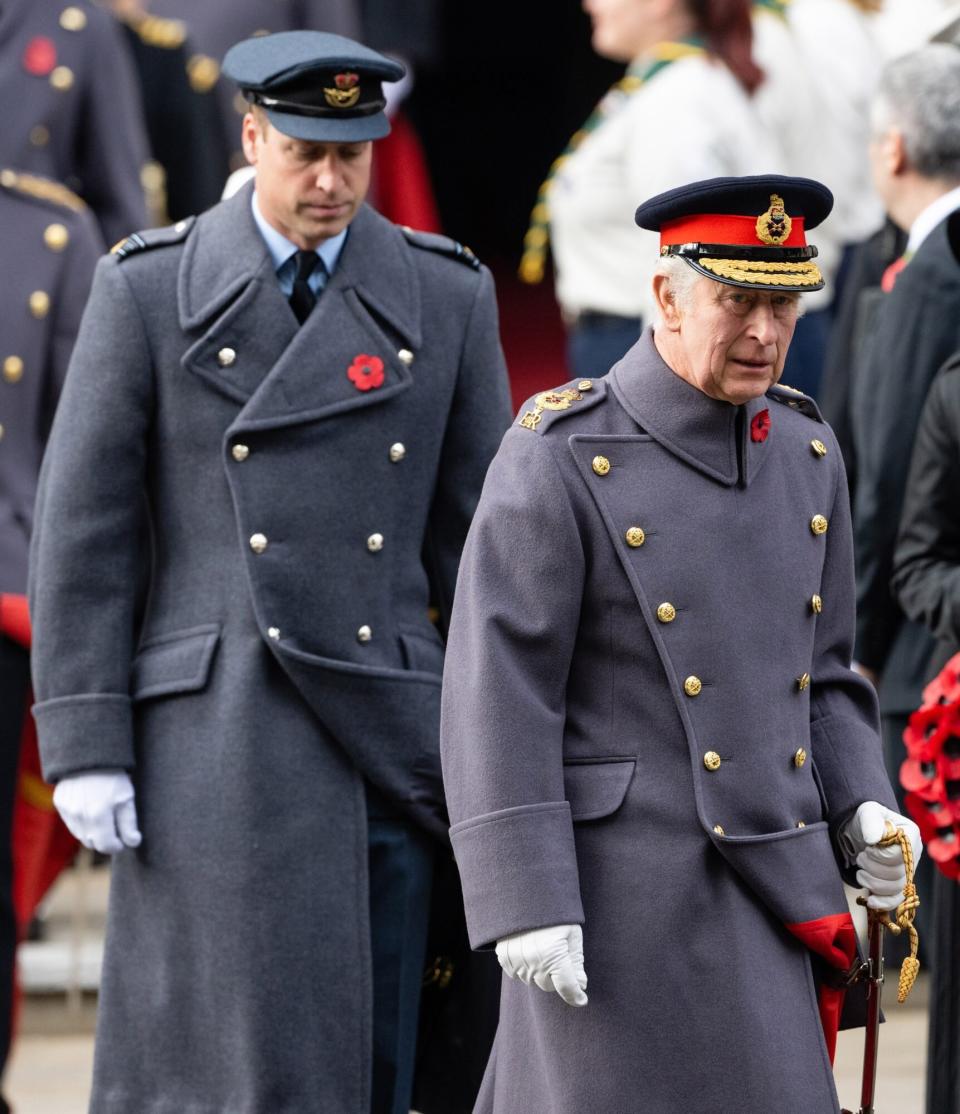 LONDON, ENGLAND - NOVEMBER 13: King Charles III and Prince William, Prince of Wales during the National Service Of Remembrance at The Cenotaph on November 13, 2022 in London, England. (Photo by Samir Hussein/WireImage)