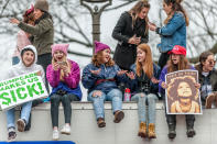 <p>Marchers sat on top of a truck and chanted: “Hands too small can’t build a wall!” Thousands of demonstrators gather in the Nation’s Capital for the Women’s March on Washington to protest the policies of President Donald Trump. January 21, 2017. (Photo: Mary F. Calvert for Yahoo News) </p>