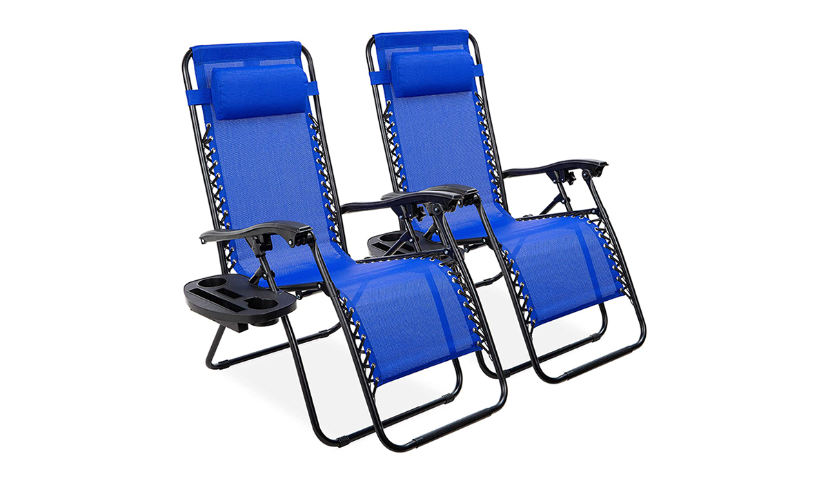 Pair of blue gravity chair recliners