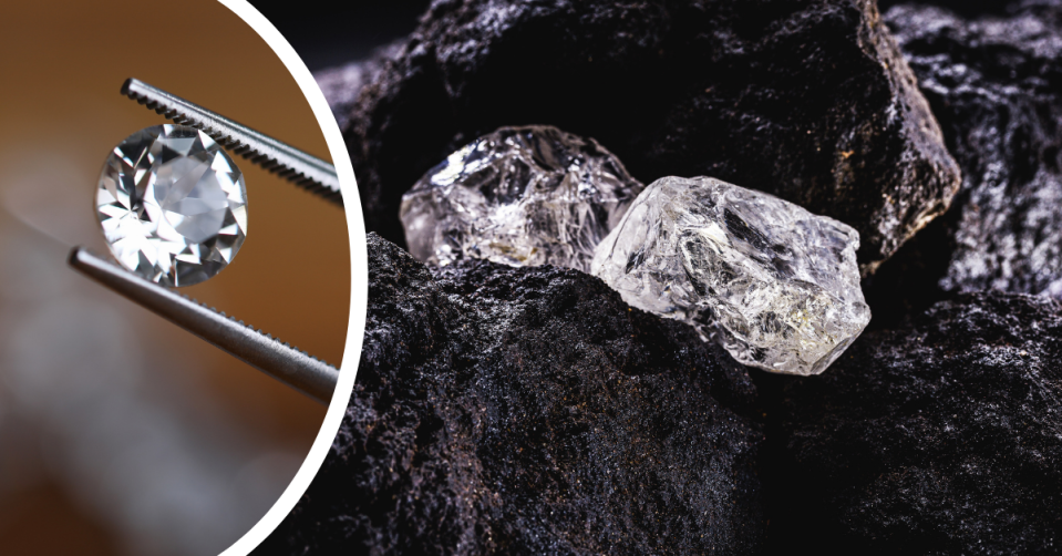 Rough diamonds on a black background and a pair of tweezers holding a prepared diamond.