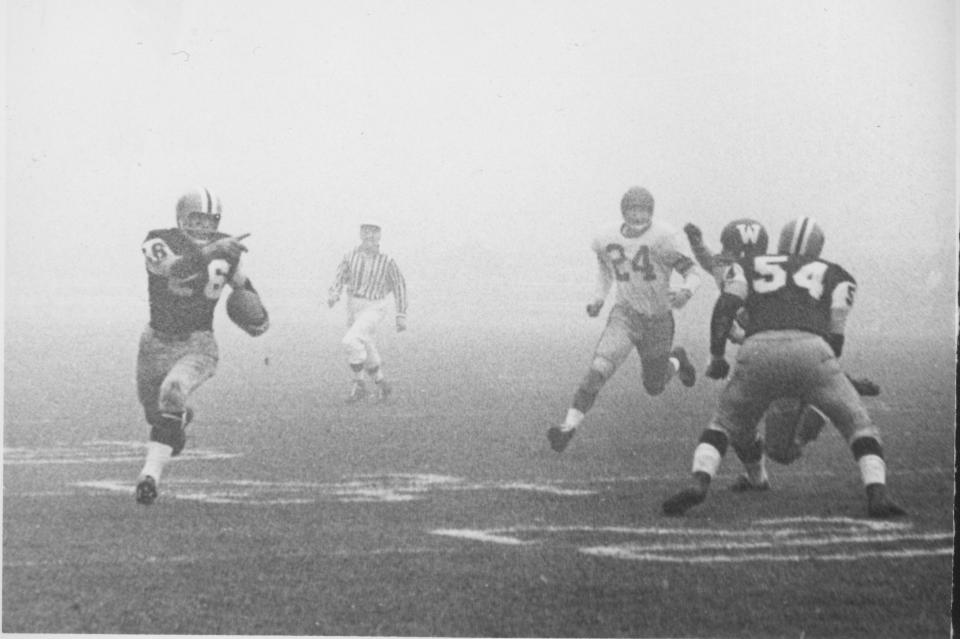 The Hamilton Tiger-Cats score a touchdown in fog-filled Exhibition Stadium. In 1962 during the Grey Cup game in Toronto, the fog rolled in and there was hardly a time more than one official had a clear view of what was going on. The "Fog Bowl" was played over two days. The Winnipeg Blue Bombers defeated the Tiger-Cats 28-27. (The Globe and Mail/The Canadian Press)