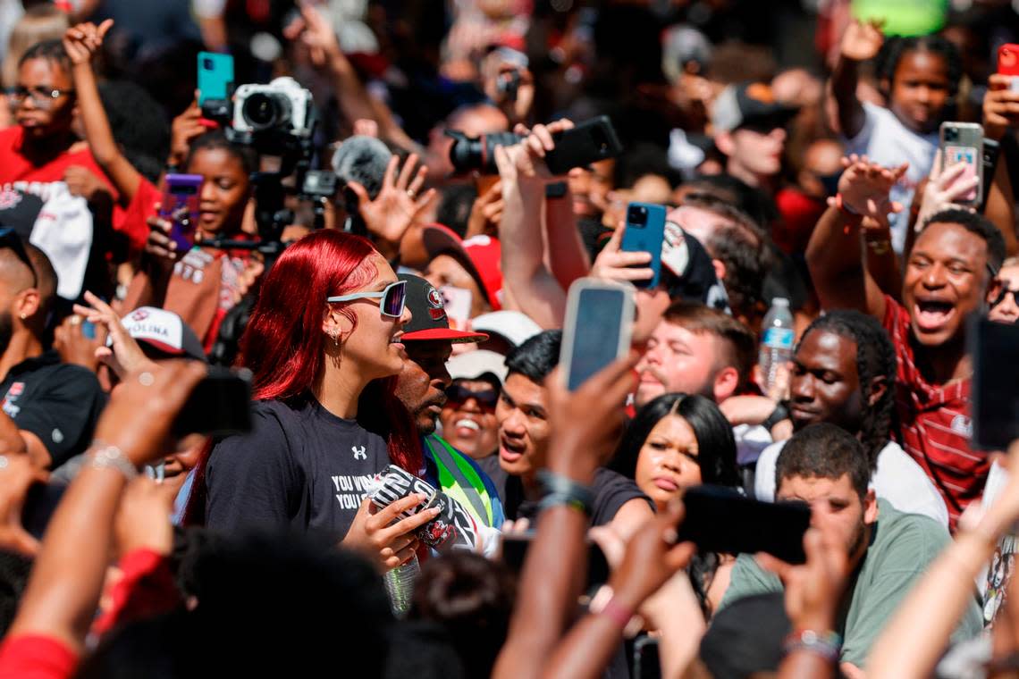 South Carolina’s Kamilla Cardoso makes her way through the crowd gathered during a parade through downtown Columbia and a ceremony at the South Carolina State House on Sunday, April 14, 2024. The Gamecocks women’s basketball team won the National Championship after having an undefeated season.