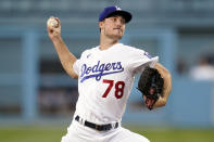 Los Angeles Dodgers starting pitcher Michael Grove throws to a Colorado Rockies batter during the first inning of a baseball game Saturday, Oct. 1, 2022, in Los Angeles. (AP Photo/Marcio Jose Sanchez)
