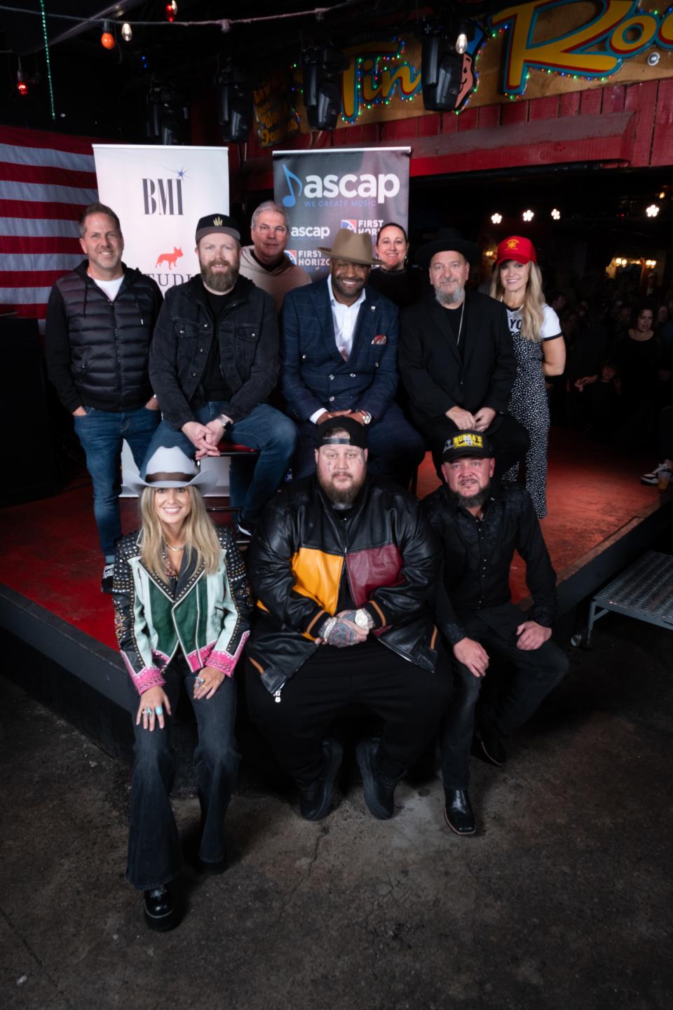 BBR’s Jon Loba, Warner Chappell’s BJ Hill, BMG’s Chris Oglesby, BMI’s Shannon Sanders, Studio Bank’s Kari Barnhart, Stoney Creek’s Adrian Michaels, BBR’s JoJamie Hahr, Lainey Wilson (BMI), Jelly Roll (BMI), David Ray (BMI) celebrate "Save Me"'s success.