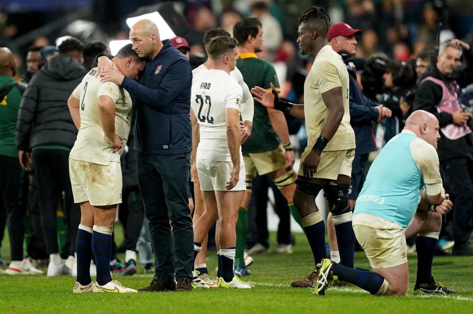 WE'LL BE BACK: England head coach, Steve Borthwick, consoles England's Jamie George following defeat in their World Cup semi-final clash against South Africa at the Stade de France, Saint-Denis. Picture: Mike Egerton/PA