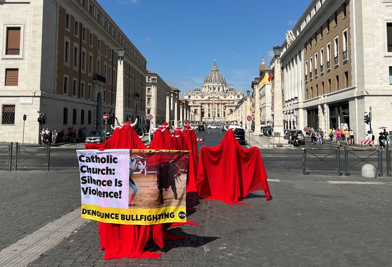 Activists from the animal rights group PETA (People for the Ethical Treatment of Animals) protest against bullfighting in Rome