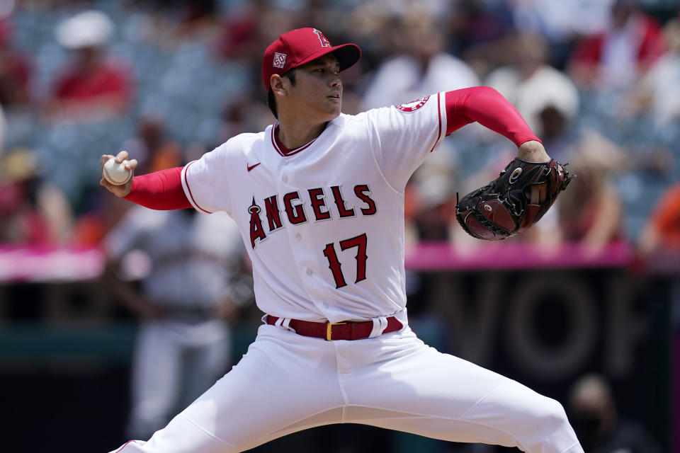 Los Angeles Angels starting pitcher Shohei Ohtani throws to the plate during the second inning of a baseball game against the San Francisco Giants Wednesday, June 23, 2021, in Anaheim, Calif. (AP Photo/Mark J. Terrill)