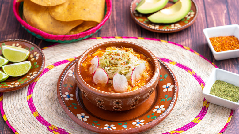 Mexican soup in bowl, toppings