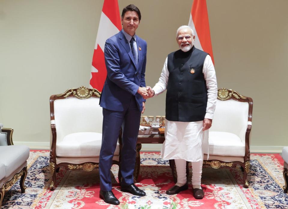 A handout picture shows Indian prime minister Narendra Modi during a bilateral discussion with Justin Trudeau in New Delhi on 10 September (EPA)