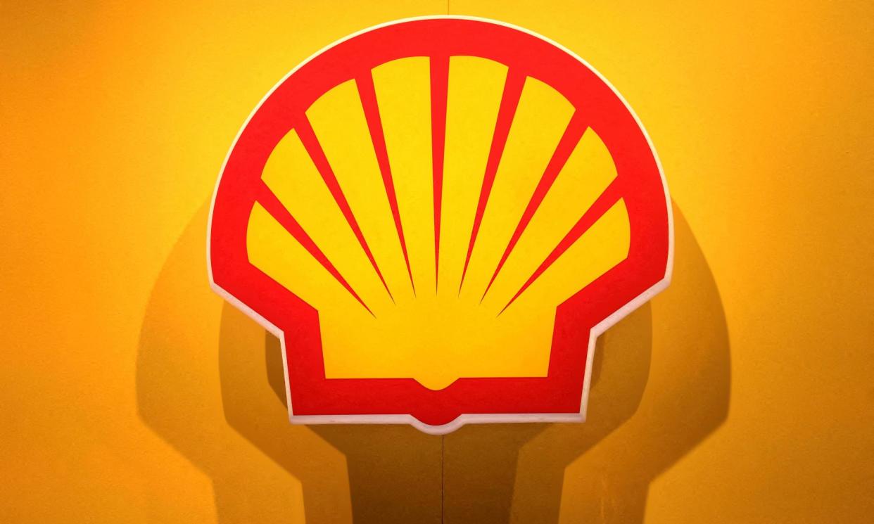<span>The Shell logo at the LNG energy trade show in Vancouver, British Columbia, Canada, on 12 July 2023.</span><span>Photograph: Chris Helgren/Reuters</span>