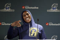 Los Angeles Rams cornerback Marcus Peters addresses the media during an NFL football press conference Wednesday, Jan. 16, 2019, in Thousand Oaks, Calif. The Rams face the New Orleans Saints in the NFC Championship on Sunday. (AP Photo/Marcio Jose Sanchez)