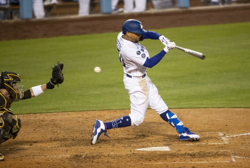 The Dodgers' Mookie Betts strikes out to end the game Thursday night.