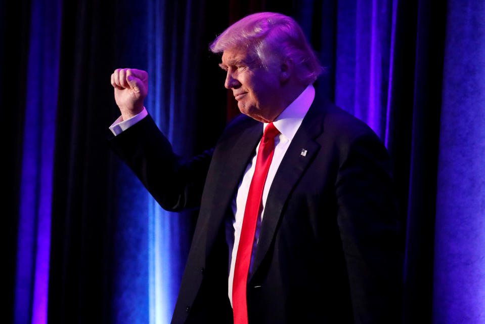 Republican presidential nominee Donald Trump arrives for his election night rally at the New York Hilton Midtown in Manhattan, New York, U.S., November 9, 2016.  REUTERS/Andrew Kelly       TPX IMAGES OF THE DAY     