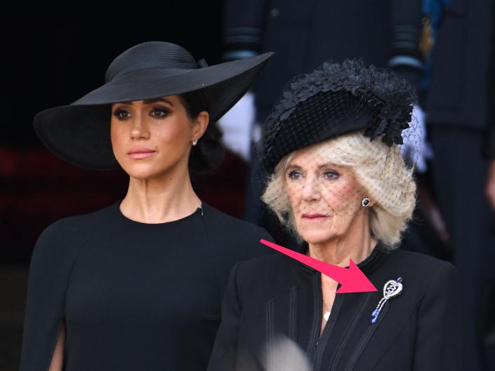 Meghan, Duchess of Sussex and Camilla, Queen Consort at Queen Elizabeth's funeral. Camilla wears a symbolic brooch.