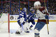 Colorado Avalanche left wing Artturi Lehkonen (62) reacts after scoring on Tampa Bay Lightning goaltender Andrei Vasilevskiy (88) during the second period of Game 6 of the NHL hockey Stanley Cup Finals on Sunday, June 26, 2022, in Tampa, Fla. (AP Photo/Phelan Ebenhack)