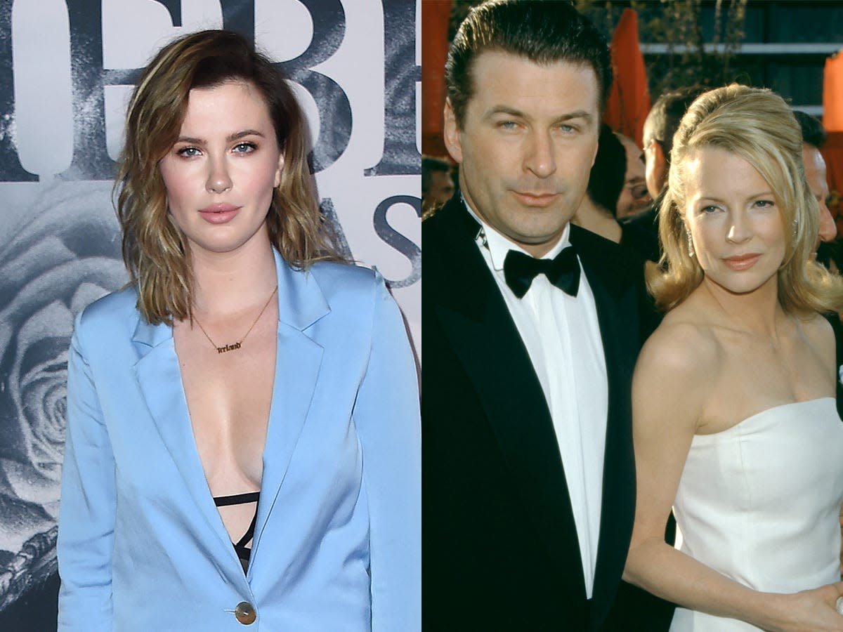 On the left: Ireland Baldwin at the red carpet premiere of "Justin Bieber: Seasons" in January 2020. On the right: Alec Baldwin and Kim Basinger at the 1999 Oscars.