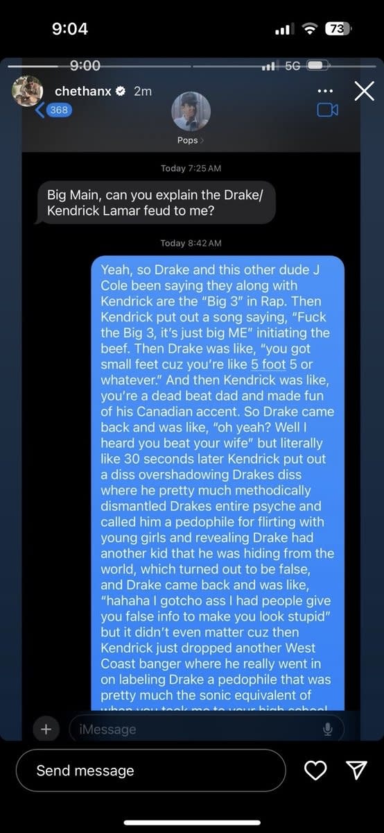 Phone screenshot of a text conversation about the Drake/Kendrick Lamar feud between Chet Hanks and his dad, Tom Hanks