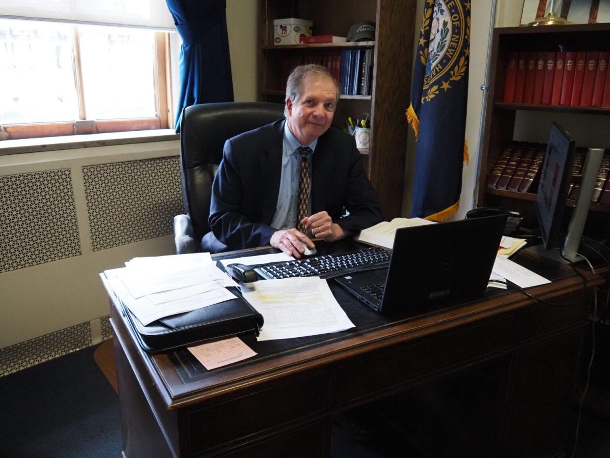 Secretary of State Dave Scanlan sits in his office in Concord on Monday, June 6.