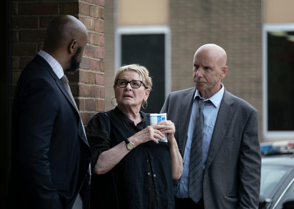 Derek Webster as Stevie, Dianne Wiest as Miriam McLusky and Hugh Dillon as Ian in Season 2 of "Mayor of Kingstown."