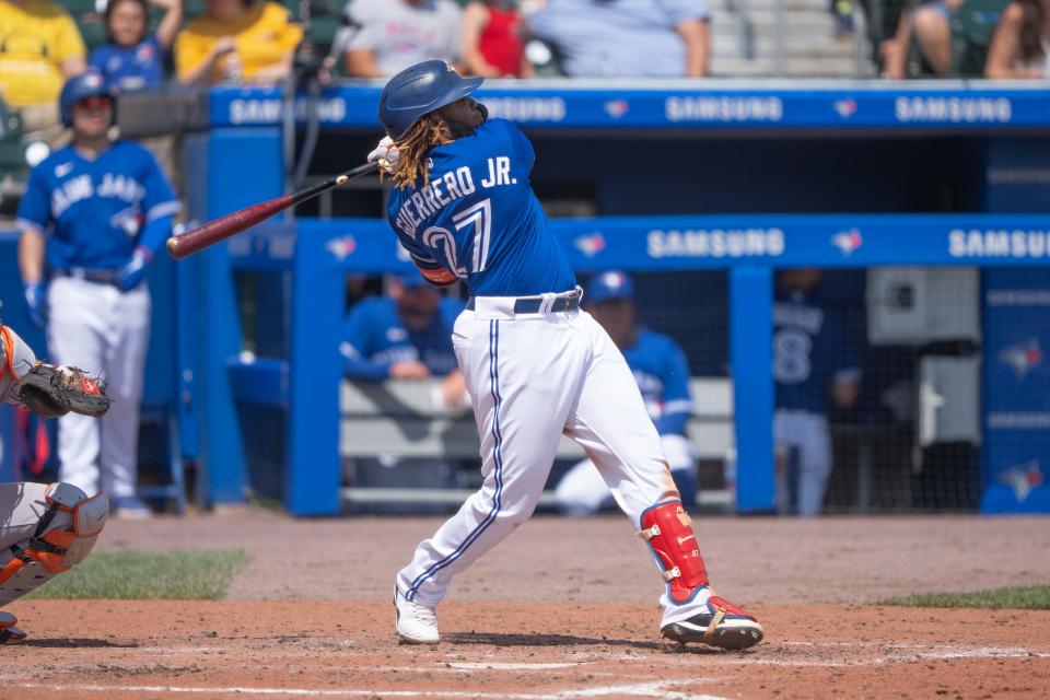 Blue Jays first baseman Vladimir Guerrero Jr. is one of two players to rank in MLB's top five in home runs, RBI and runs scored over the past full season. Fernando Tatis Jr. is the other.