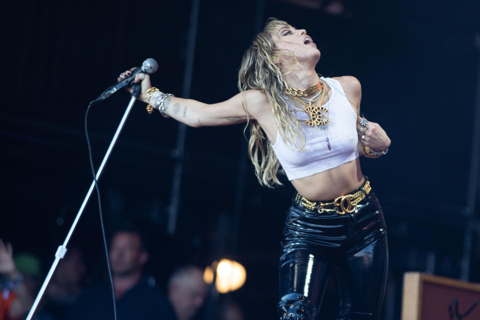 Miley Cyrus performing on the fifth day of the Glastonbury Festival at Worthy Farm in Somerset.