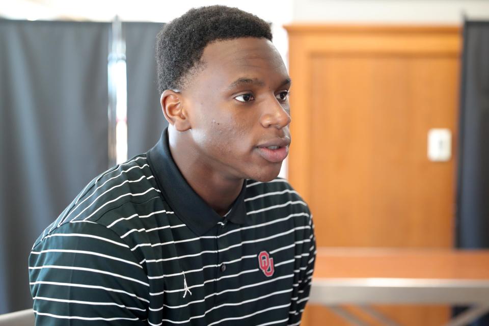 Oklahoma Sooners defensive lineman Adepoju Adebawore speaks to the media during a press conference in Norman, Oklahoma, Thursday, Feb. 16, 2023. Bryan Terry, The Oklahoman