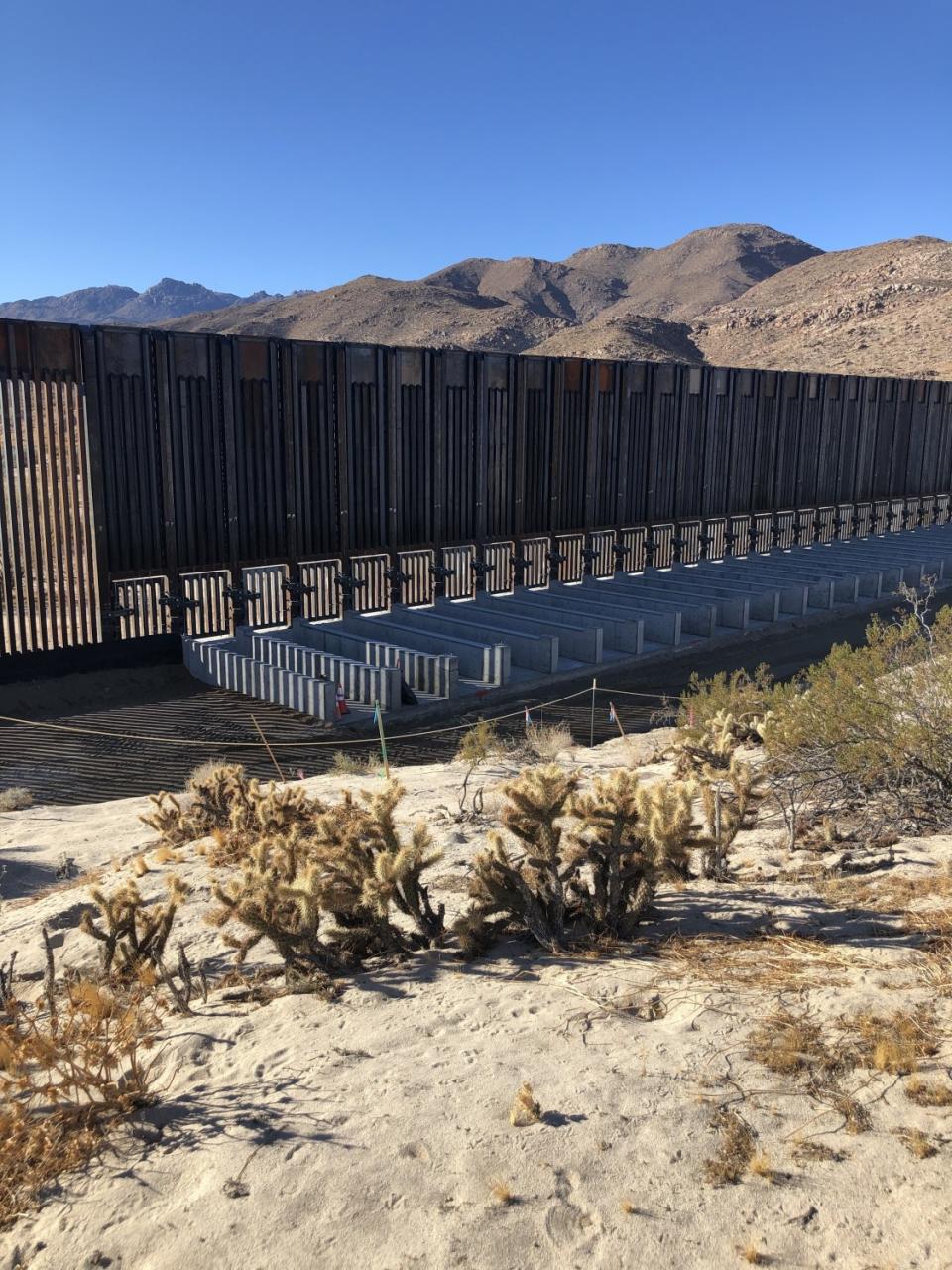 Desert shrubbery next to a section of tall metal fencing