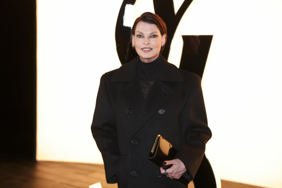 Linda Evangelista attends the Yves Saint Laurent Fall/Winter 2024-2025 ready-to-wear collection presented Tuesday, Feb. 27, 2024 in Paris. (Photo by Vianney Le Caer/Invision/AP)