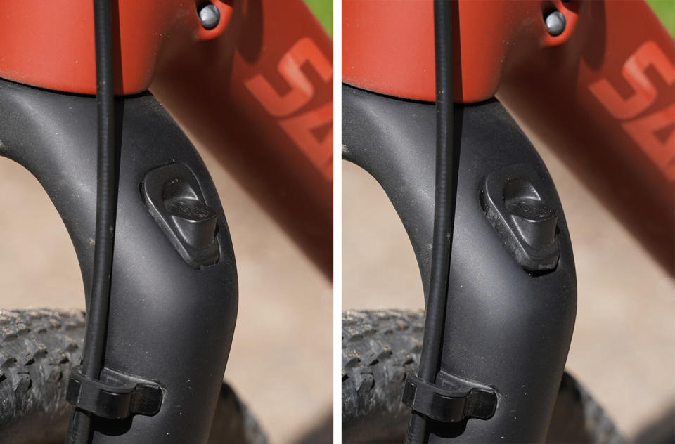 closeup of climb switch on cane creek invert upside down gravel suspension fork