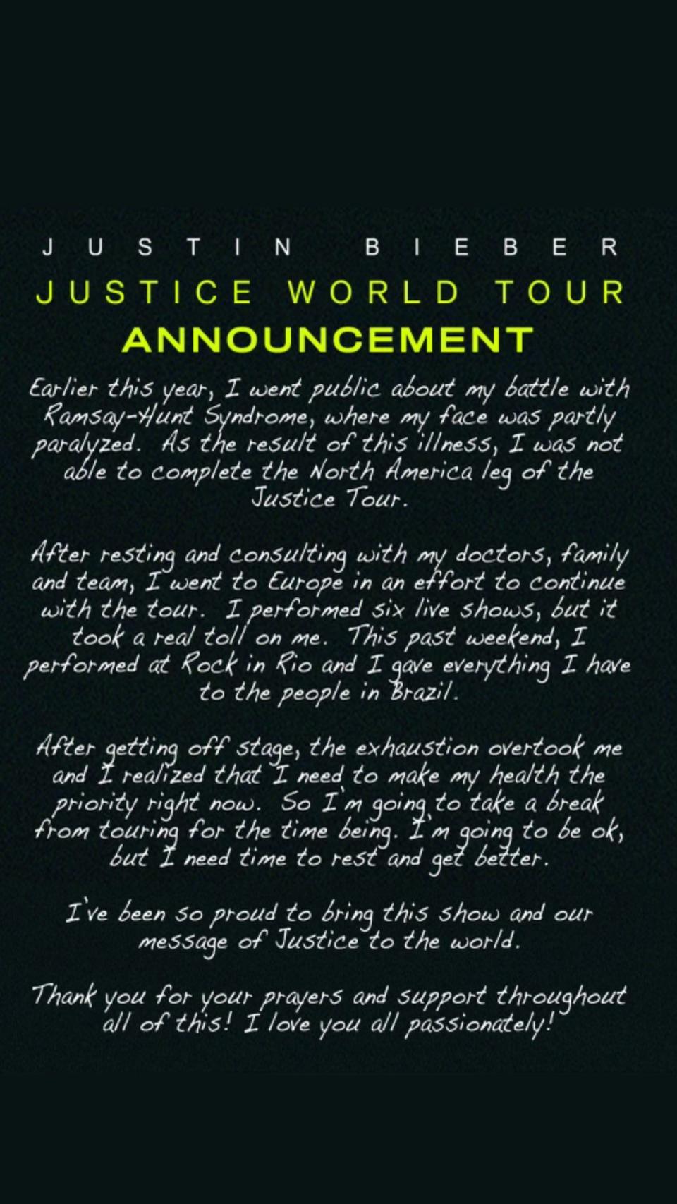 Justin Bieber postpones Justice World Tour