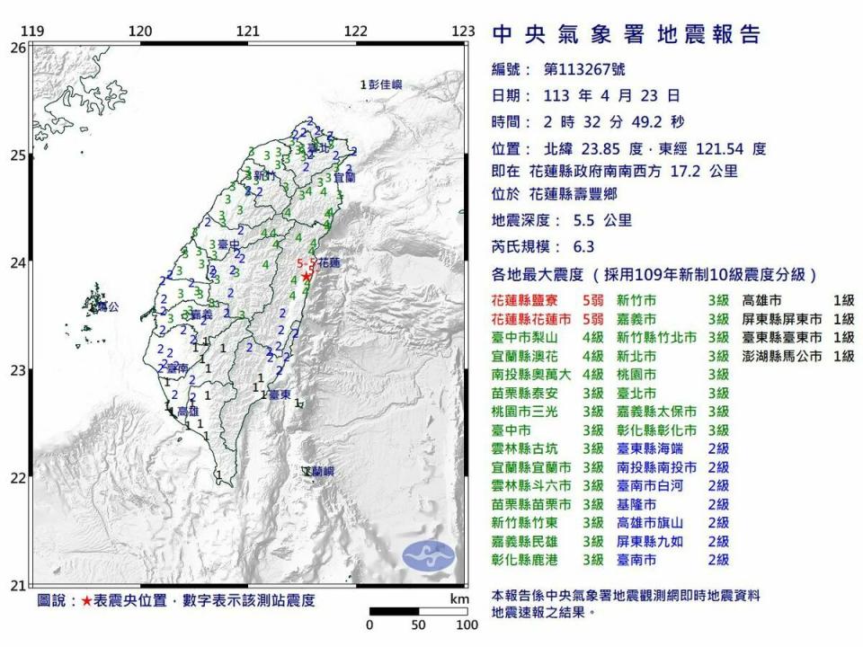 花蓮縣壽豐鄉今（23）天凌晨2點32分發生芮氏規模6.3地震。   圖：氣象署提供