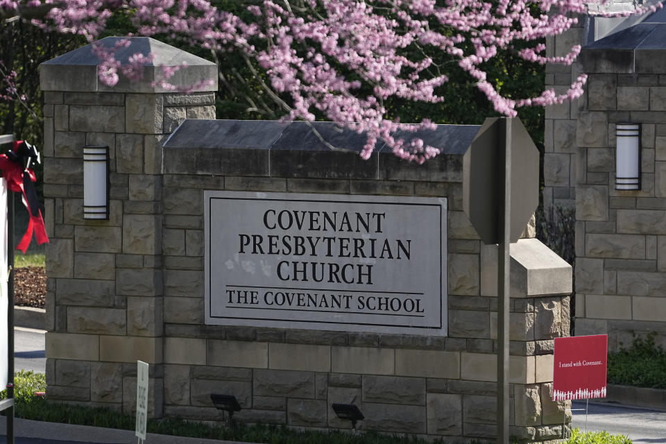 FILE - The entrance to the Covenant School is seen on the one-year anniversary of a mass shooting, March 27, 2024, in Nashville, Tenn. The writings of a person who killed three 9-year-olds and three adults at a private Christian elementary school in Nashville last year cannot be released to the public. A Nashville judge ruled on Thursday, July 5, 2024, that The Covenant School children and parents hold a copyright to the documents given to them by the shooter's parents. (AP Photo/George Walker IV, File)