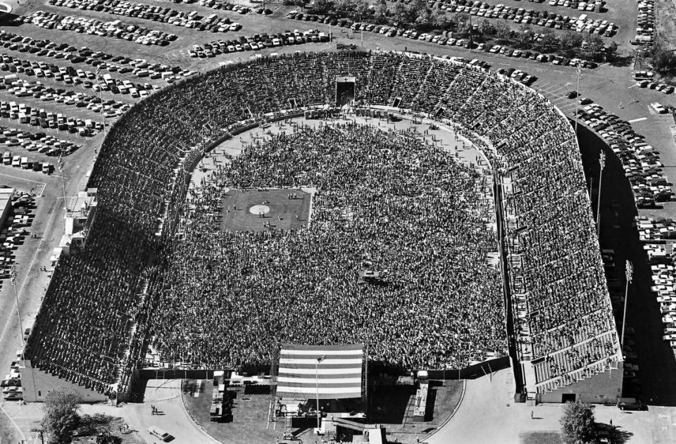 More than 24,000 people jammed into Hughes Stadium at Sacramento City College on in 1976, filling the stands and covering the athletic field to hear performers including Linda Ronstadt, The Eagles, Jimmy Buffett and others.