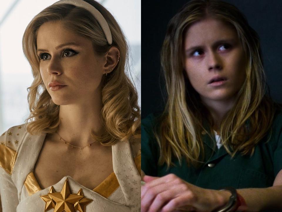 On the left: Erin Moriarty as Starlight/Annie January on season three of "The Boys." On the right: Moriarty as Hope Shlottman on season one of "Jessica Jones."