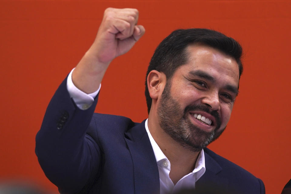 FILE - Rep. Jorge Álvarez Máynez greets supporters after he was nominated by the Citizen's Movement party to run for president in the upcoming general elections, Jan. 10, 2024, in Mexico City. Jorge Álvarez Máynez, a little-known congressman running the presidency for Mexico’s small Citizen’s Movement, also expressed support for the church leaders and addressed López Obrador’s strategy of “hugs, not bullets.”(AP Photo/Fernando Llano, File)